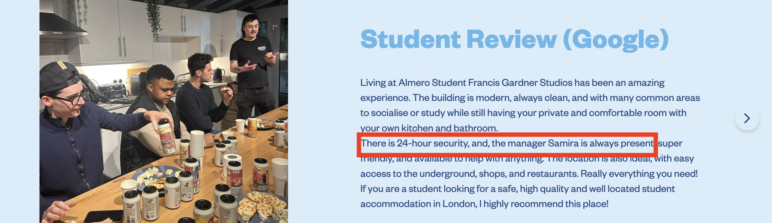 Fake review on Almero Student website claiming 24-hour security