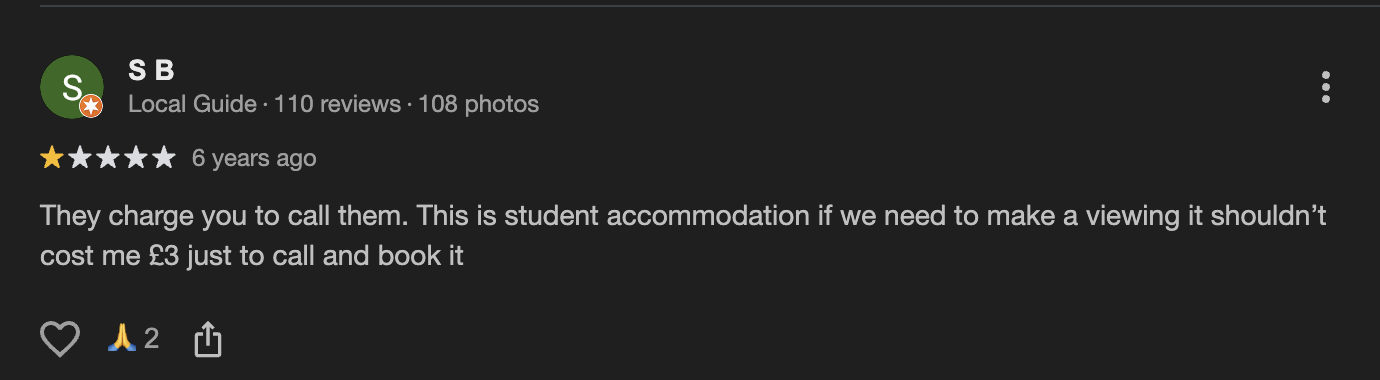 Review from S B about being charged to call for viewings at Almero Student