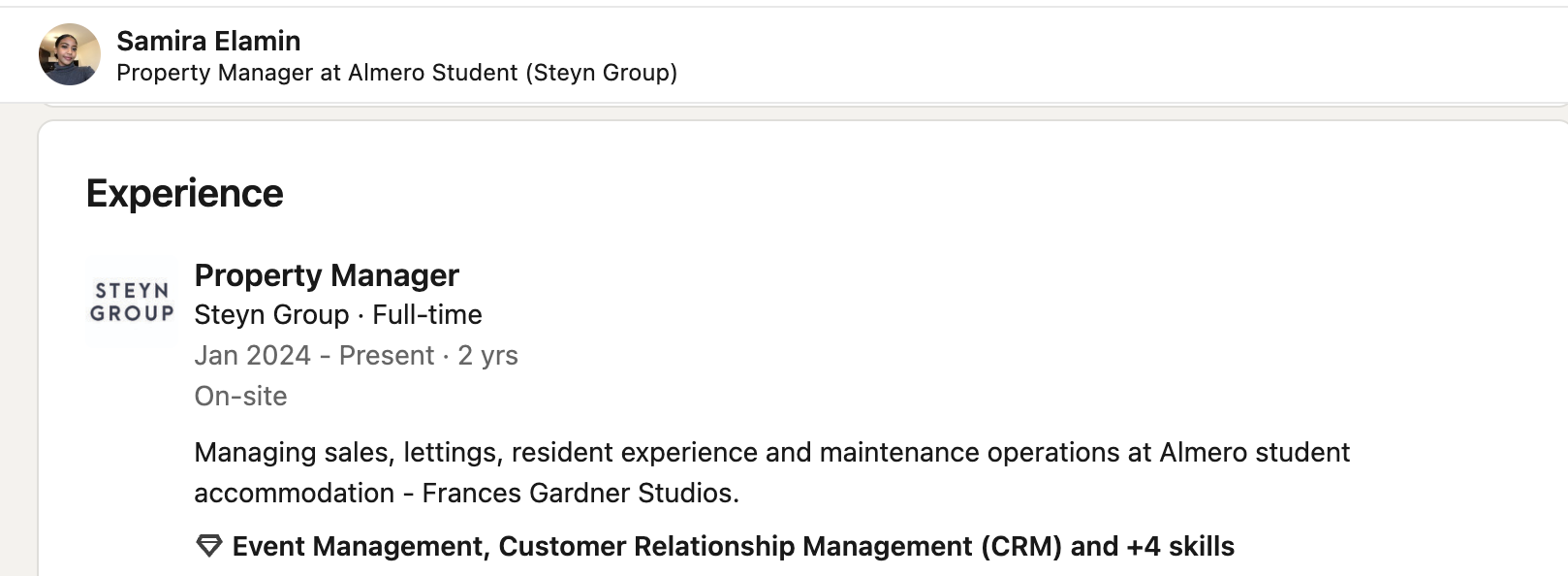 Screenshot of Samira Elamin's LinkedIn profile showing her role as Property Manager at Almero Student (Steyn Group)